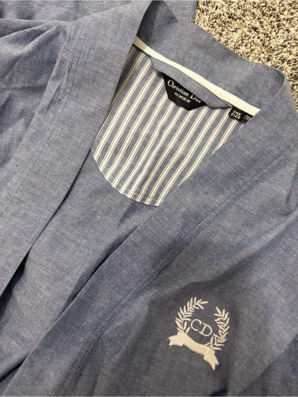 Christian Dior Vintage Denim Chambray Embroidered Logo Robe Belted Monsieur OS